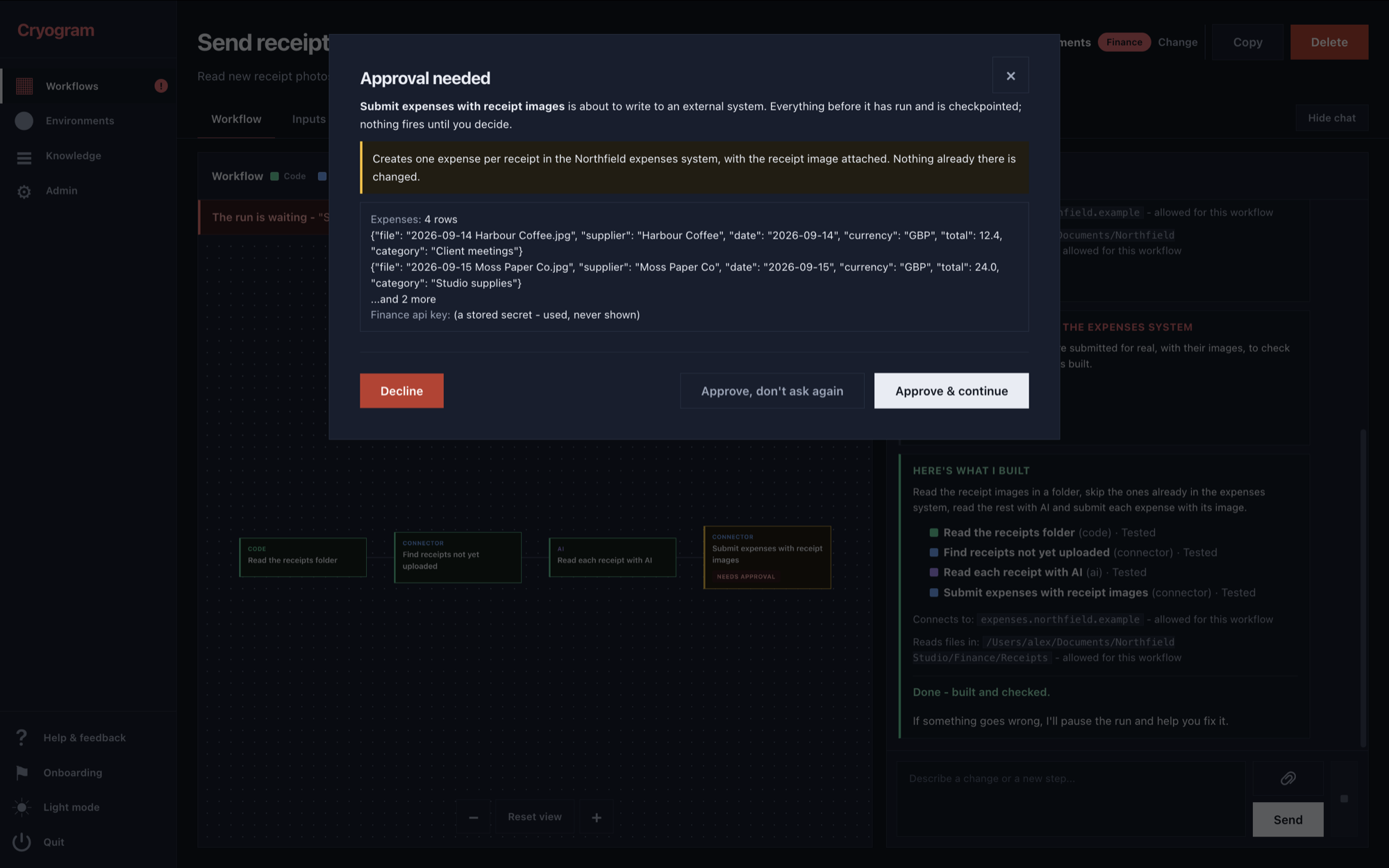 The question a workflow shows before a step sends anything